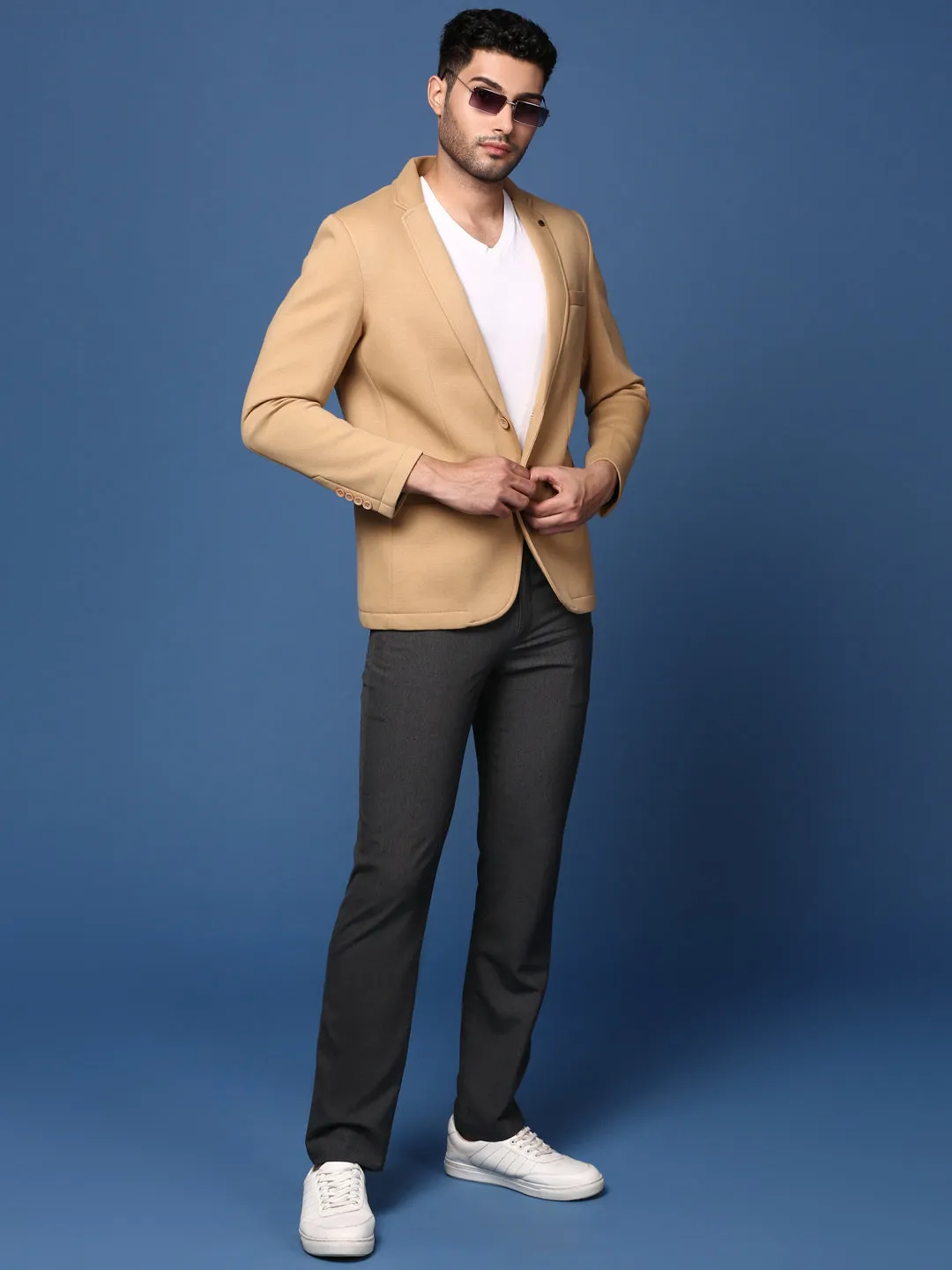 Men Khaki Slim Fit Single Breasted Blazer