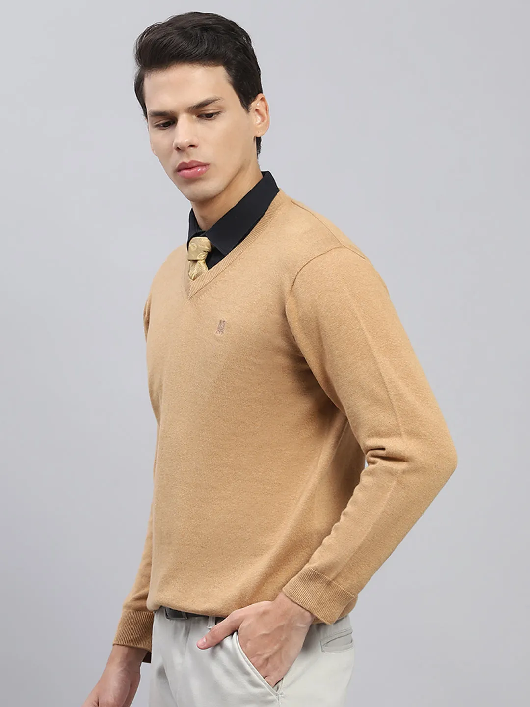 Men Khaki Solid V Neck Full Sleeve Pullover