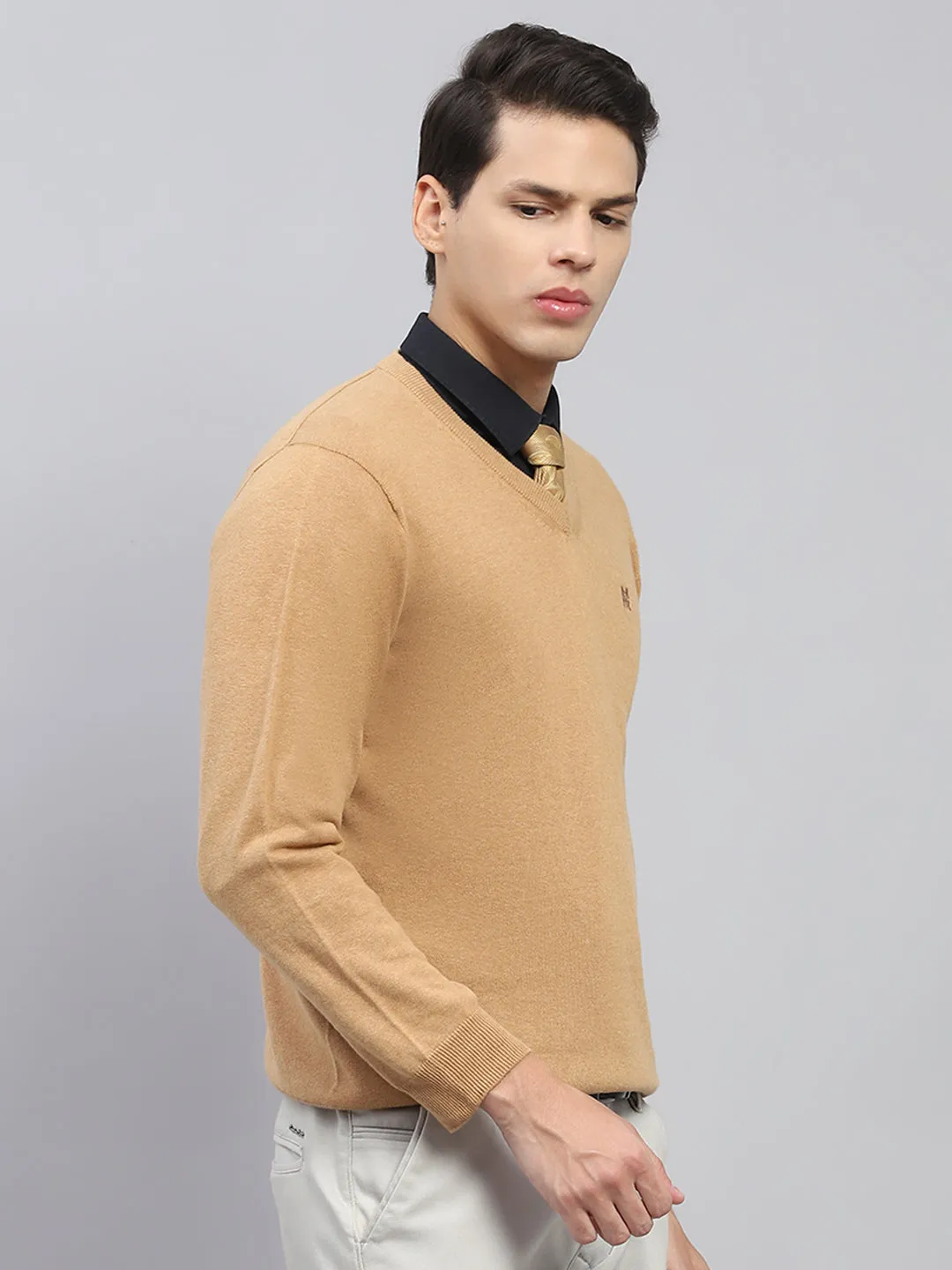 Men Khaki Solid V Neck Full Sleeve Pullover