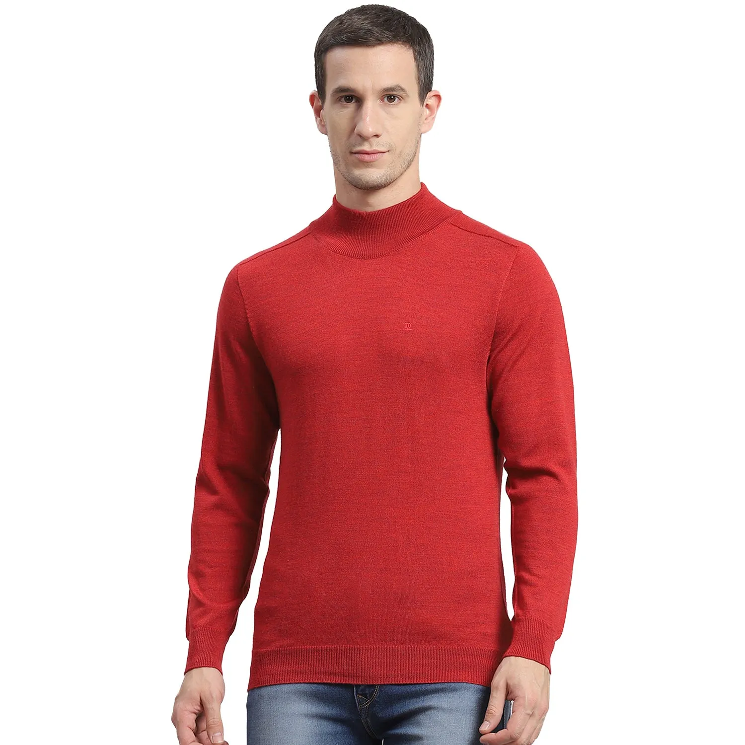 Men Maroon Solid T Neck Full Sleeve Sweater