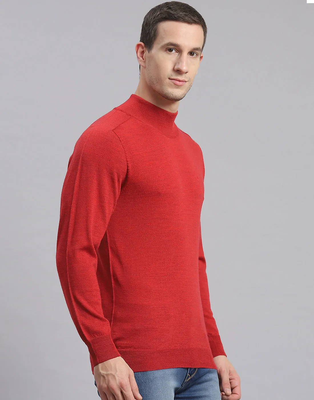 Men Maroon Solid T Neck Full Sleeve Sweater