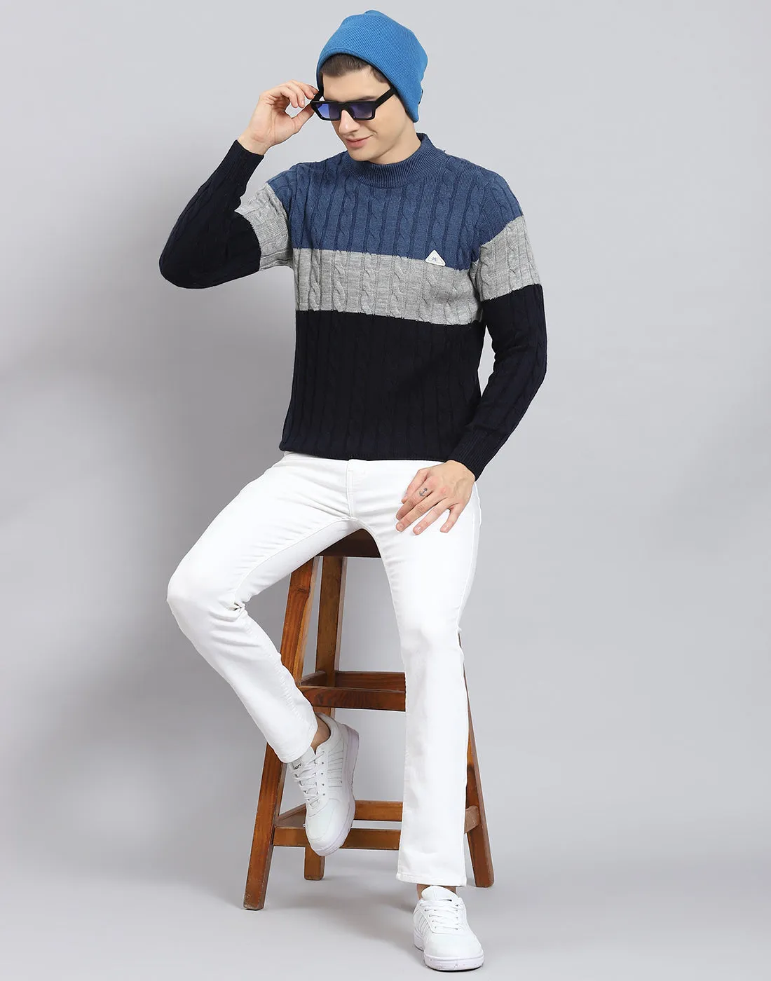 Men Navy Blue Self Design T Neck Full Sleeve Sweater