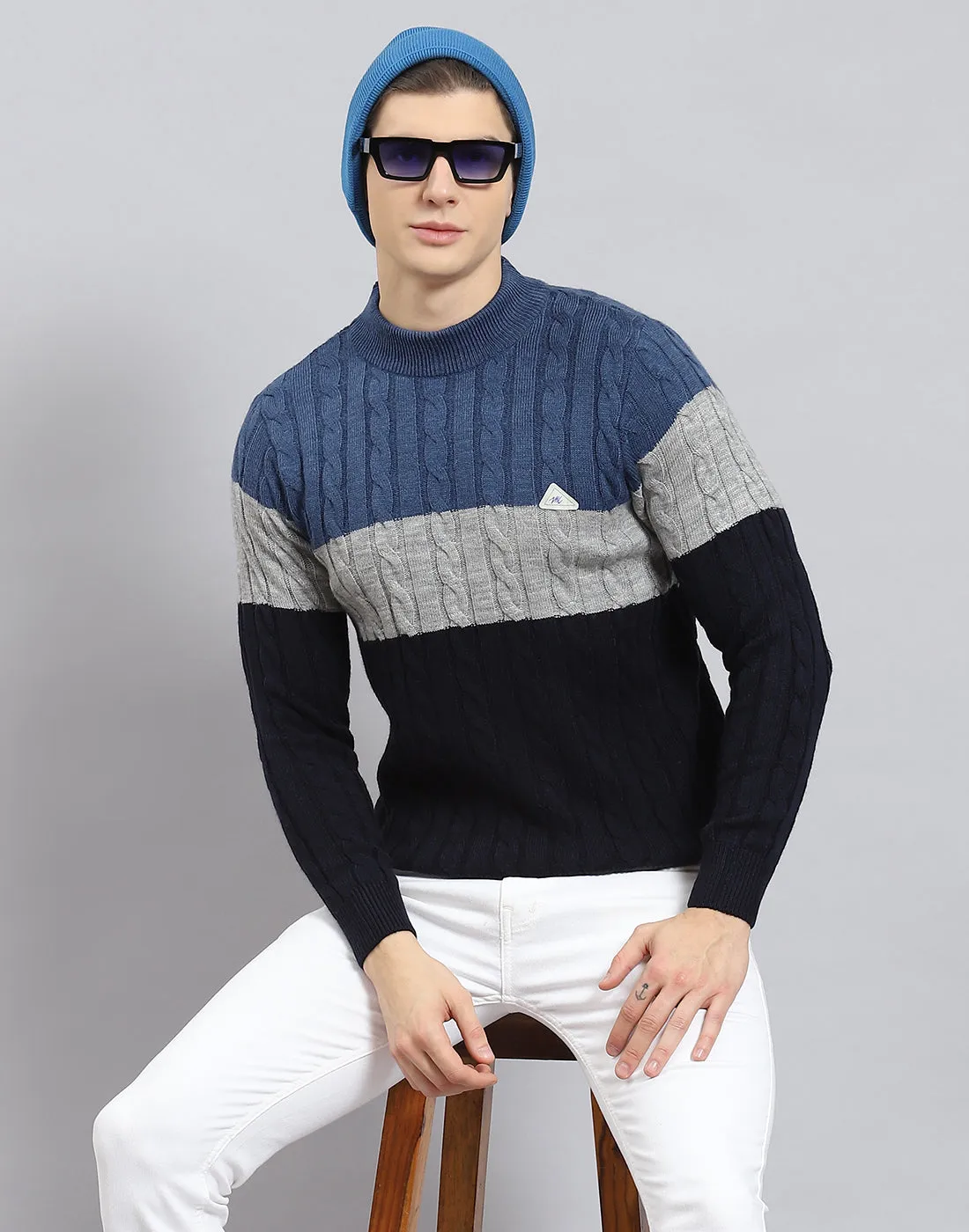 Men Navy Blue Self Design T Neck Full Sleeve Sweater