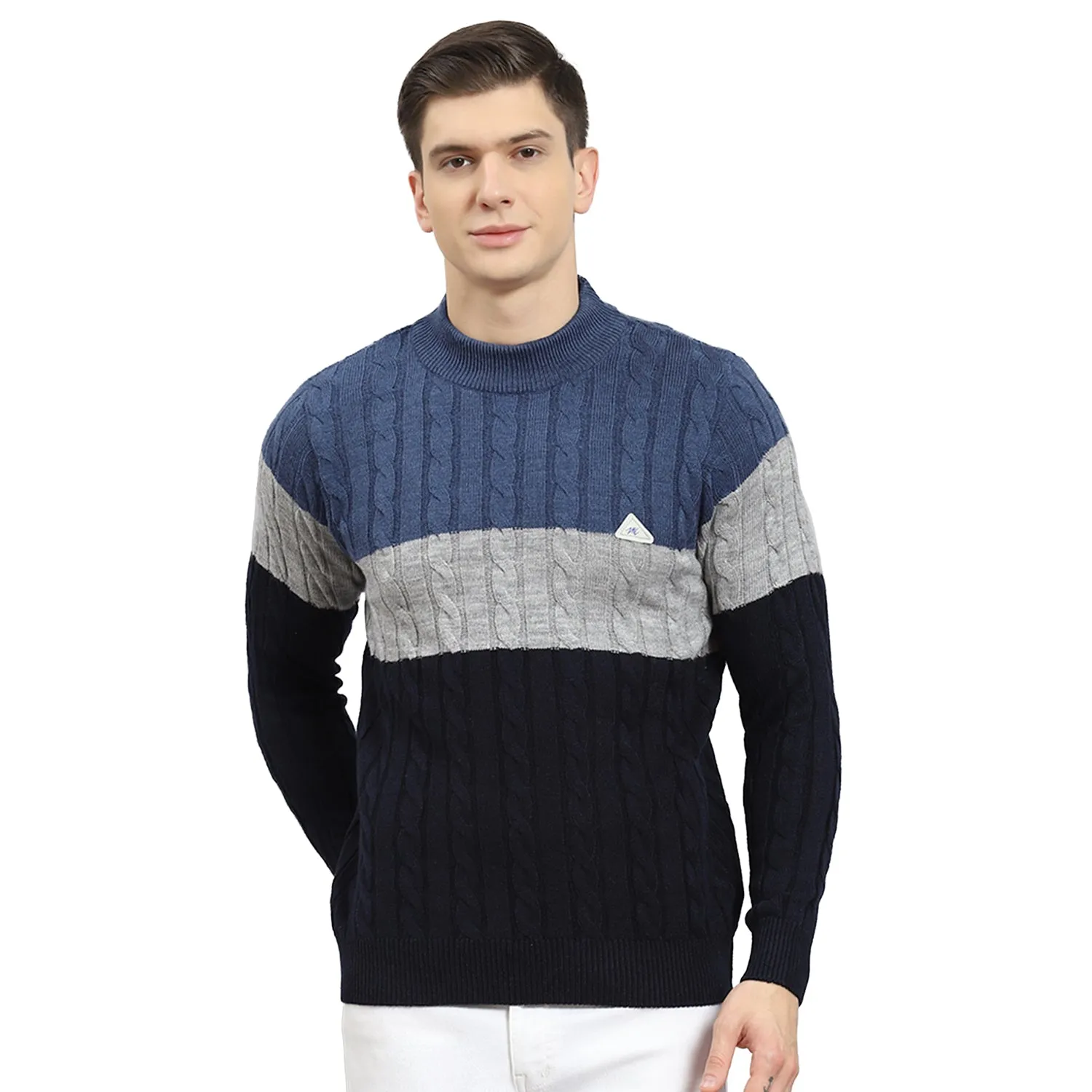 Men Navy Blue Self Design T Neck Full Sleeve Sweater