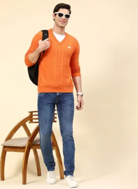 Men Orange Self Design Wool blend Pullover