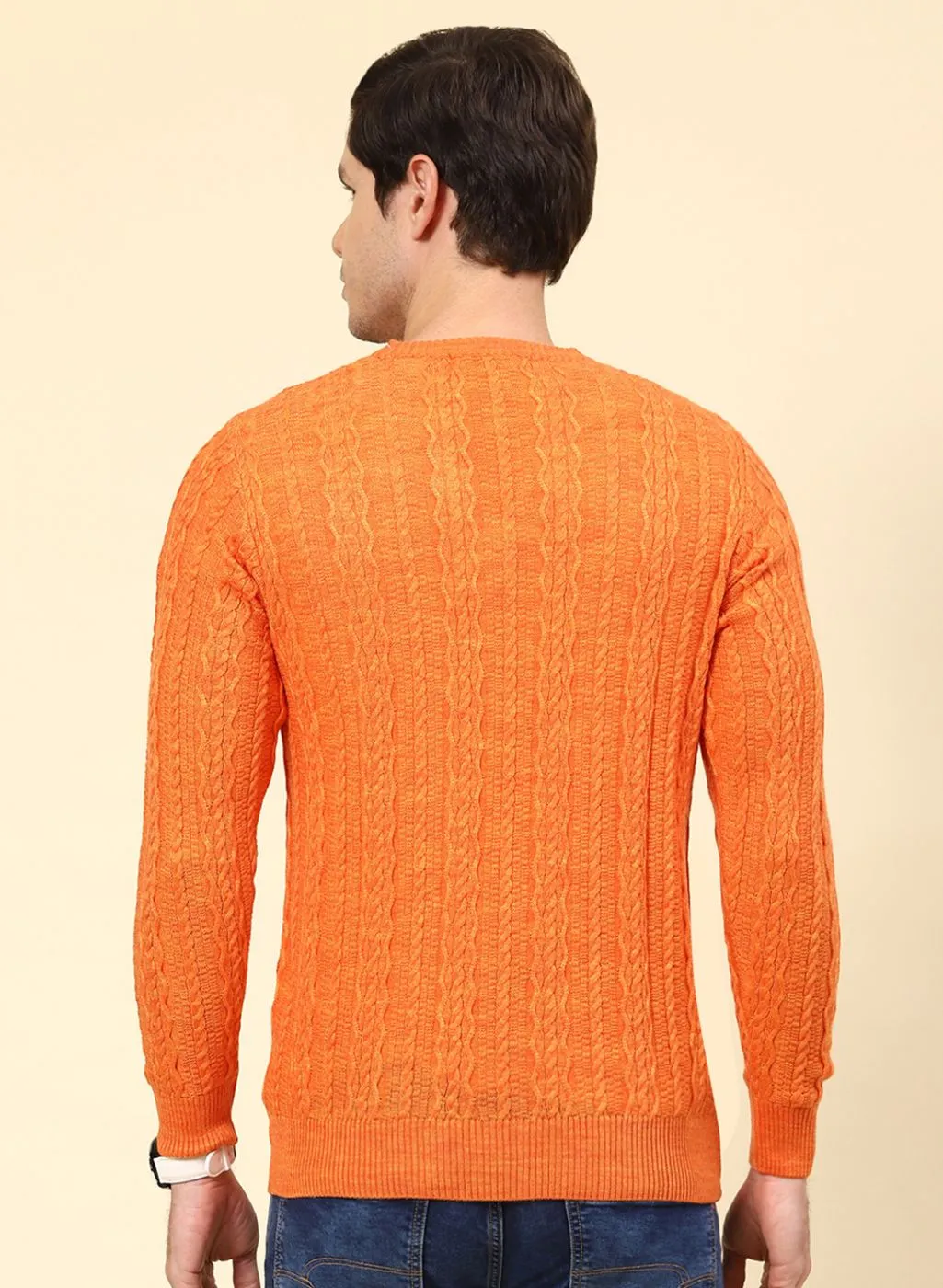 Men Orange Self Design Wool blend Pullover