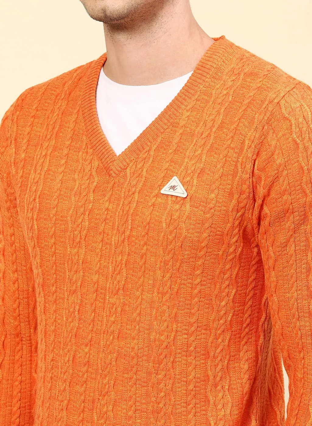 Men Orange Self Design Wool blend Pullover