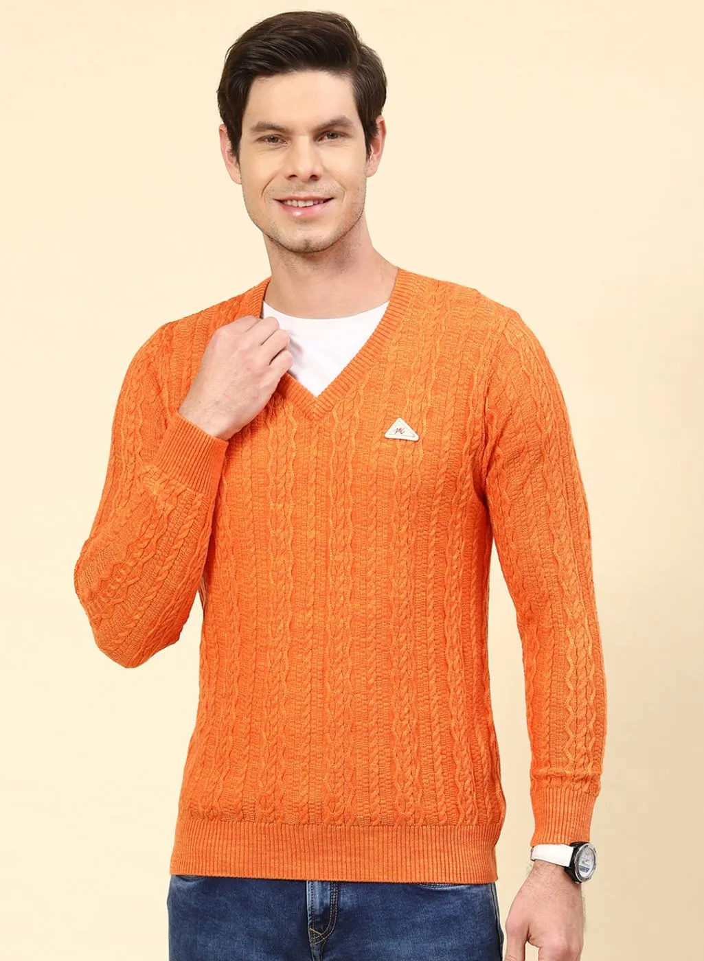 Men Orange Self Design Wool blend Pullover