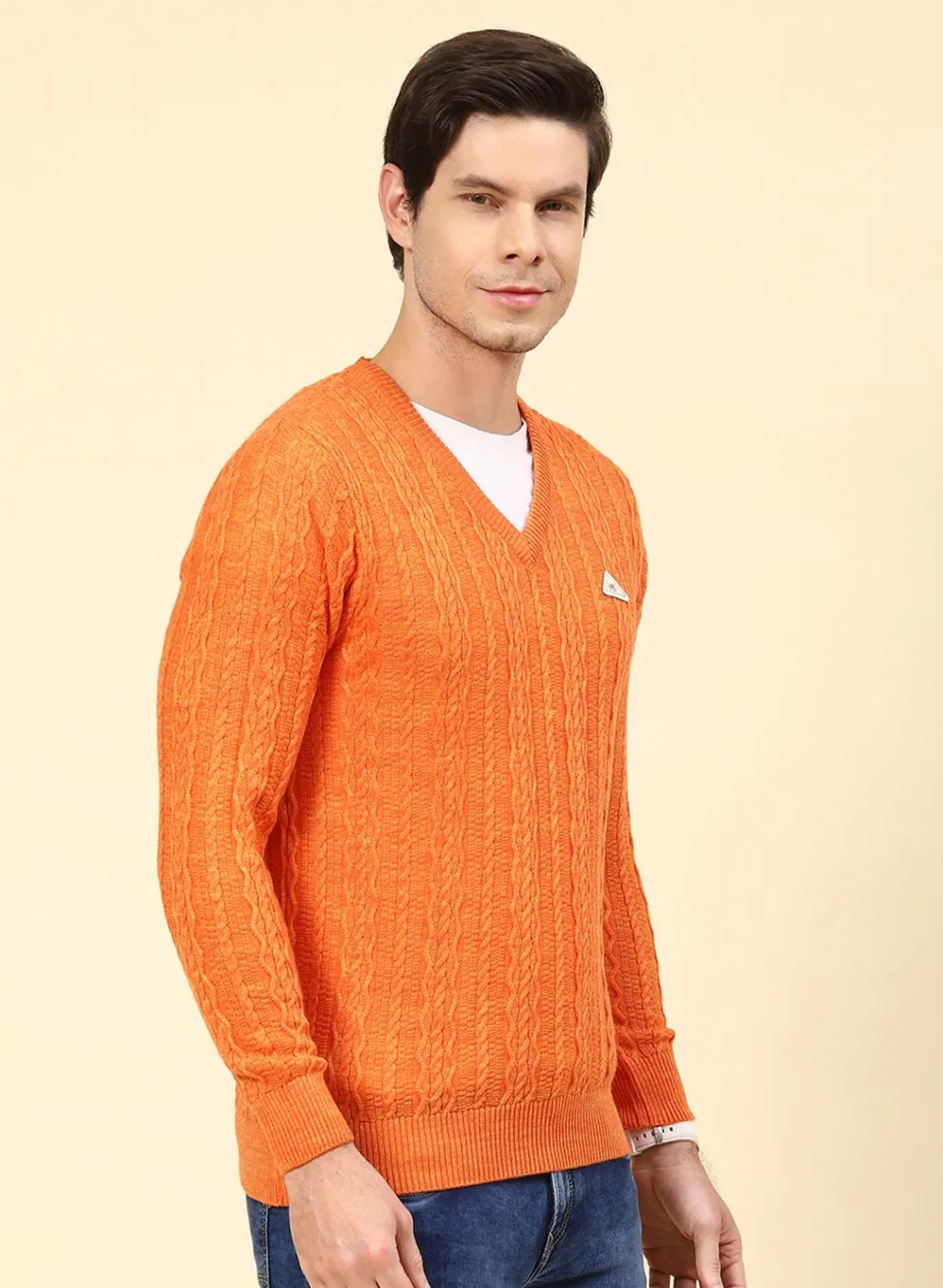 Men Orange Self Design Wool blend Pullover