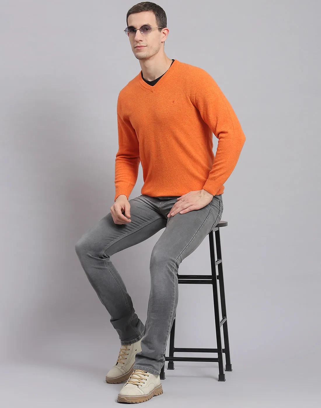 Men Orange Solid V Neck Full Sleeve Sweater