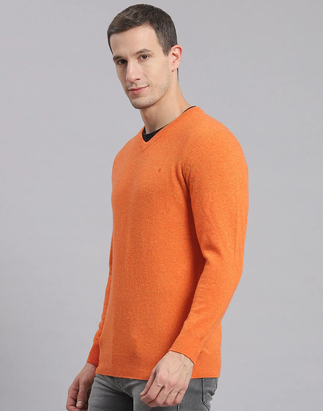 Men Orange Solid V Neck Full Sleeve Sweater