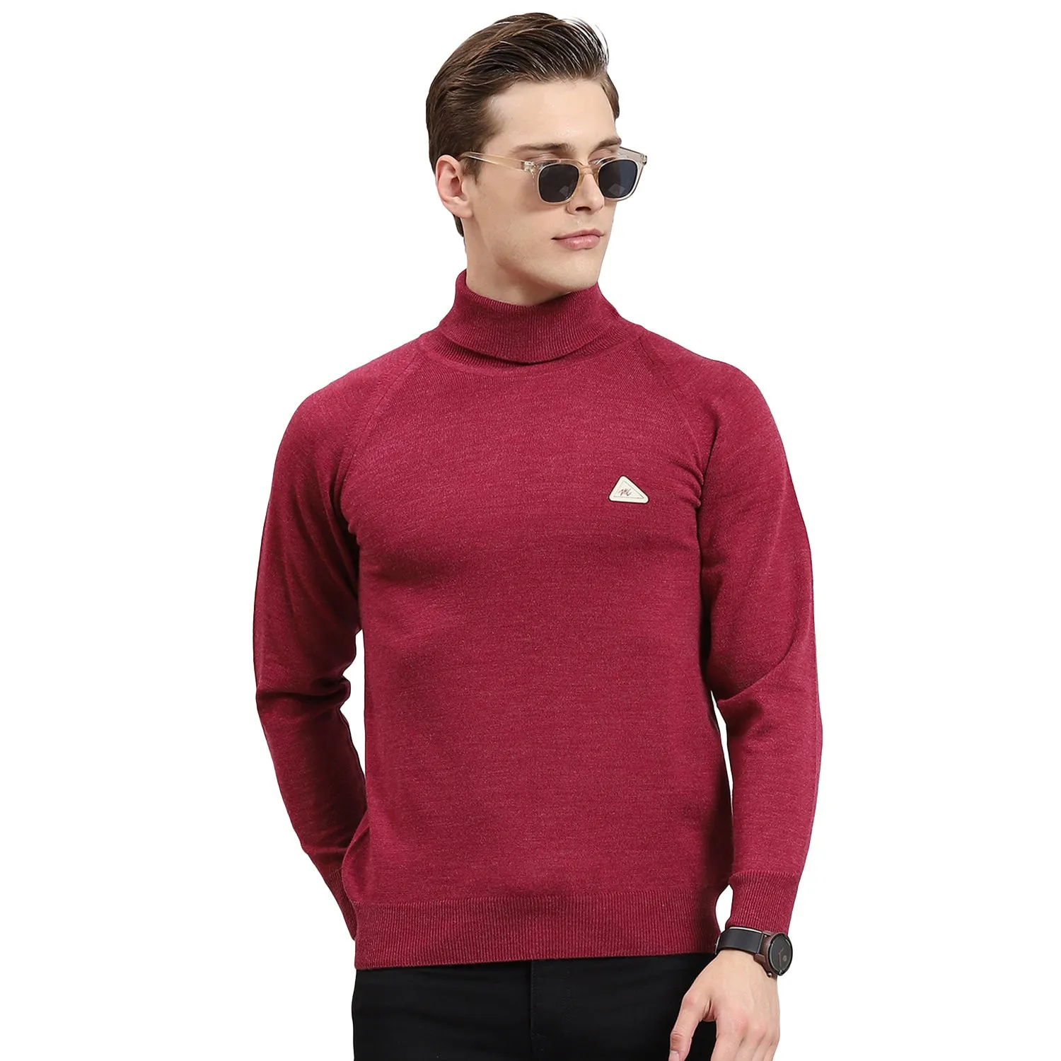 Men Purple Solid H Neck Full Sleeve Sweater