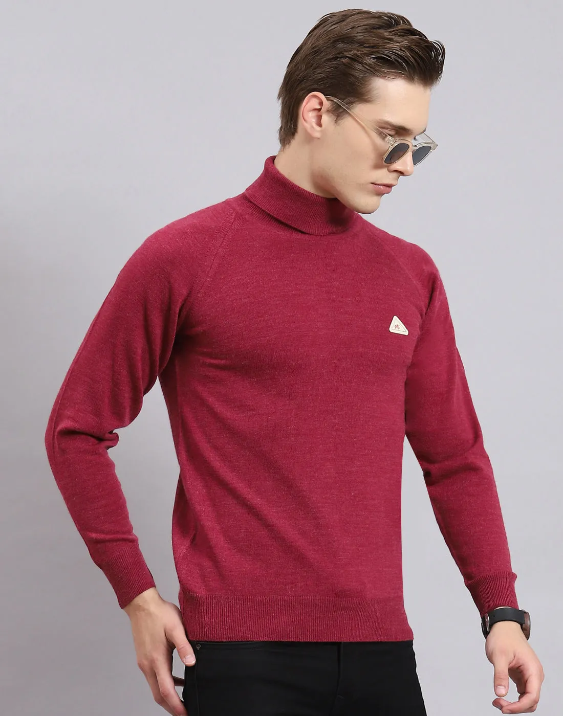 Men Purple Solid H Neck Full Sleeve Sweater