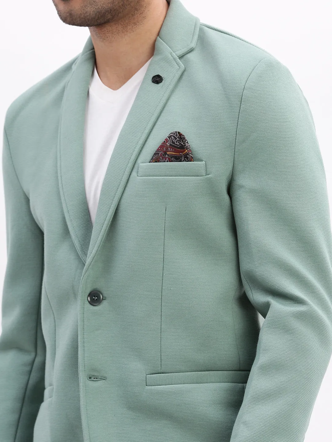 Men Solid Sea Green Single Breasted Blazer