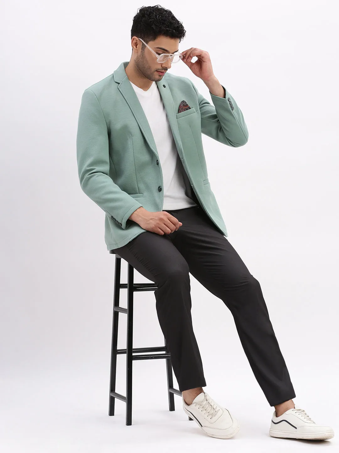 Men Solid Sea Green Single Breasted Blazer