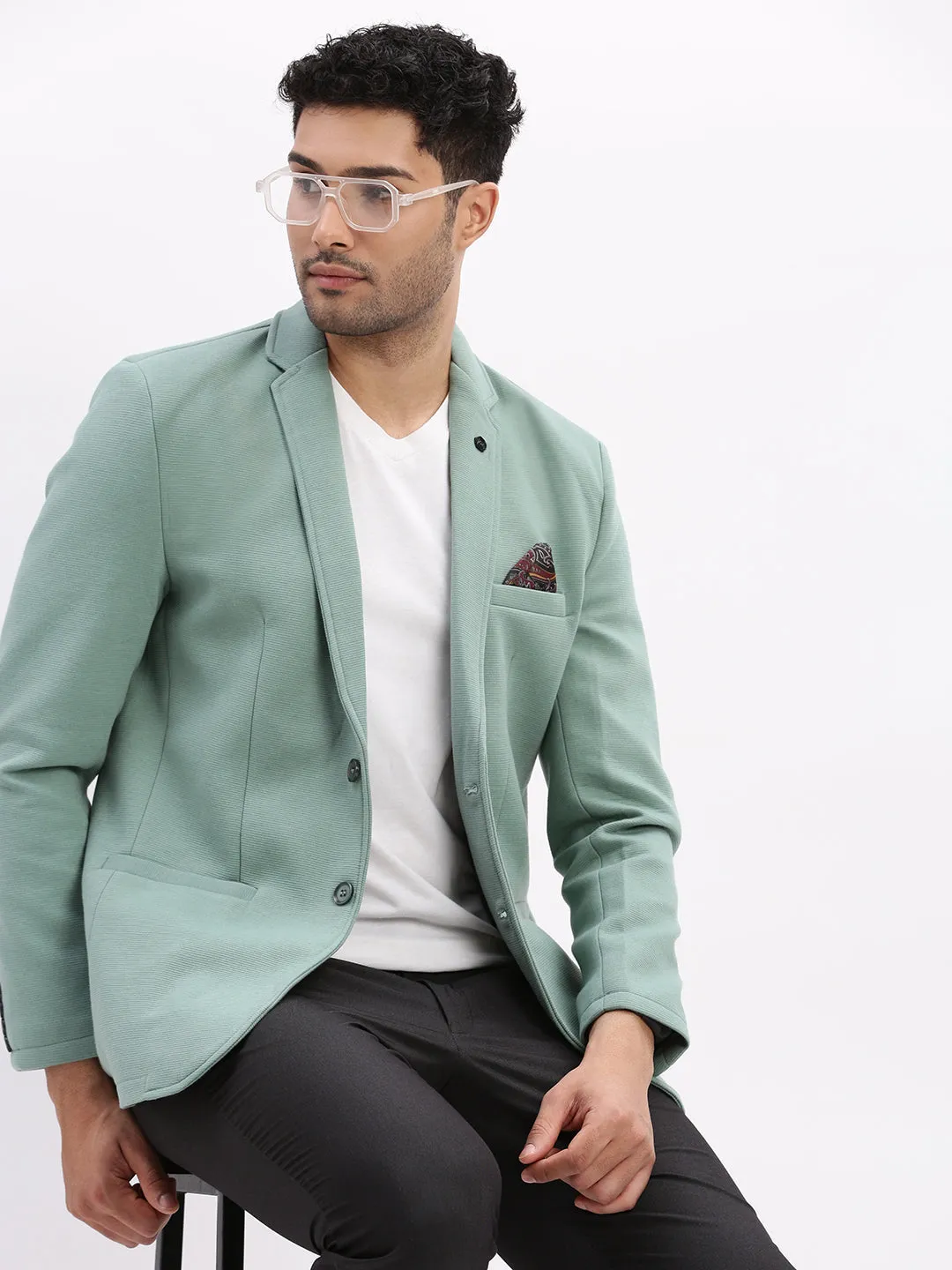 Men Solid Sea Green Single Breasted Blazer