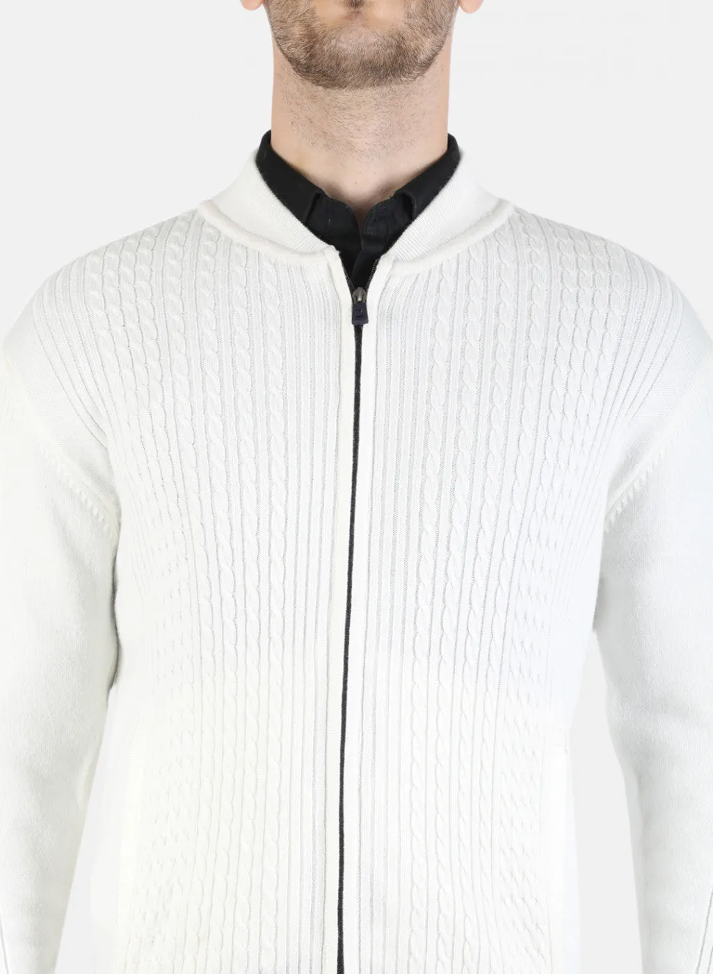 Men White Self Pullover