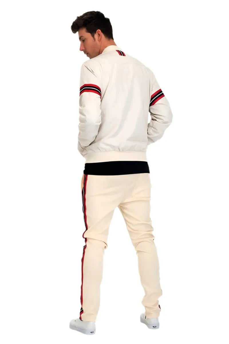 Mens Beige Striped Track Set Pants Jacket