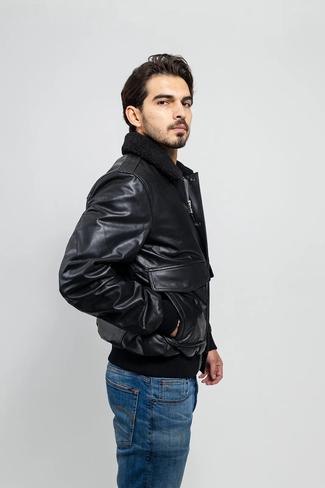 Mens Bomber Leather Jacket Black