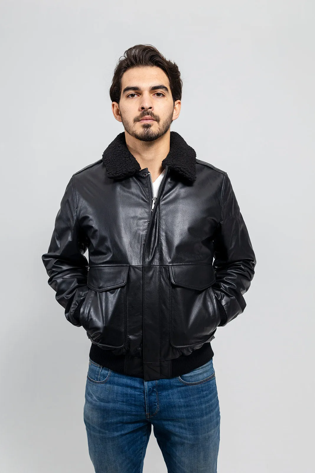 Mens Bomber Leather Jacket Black