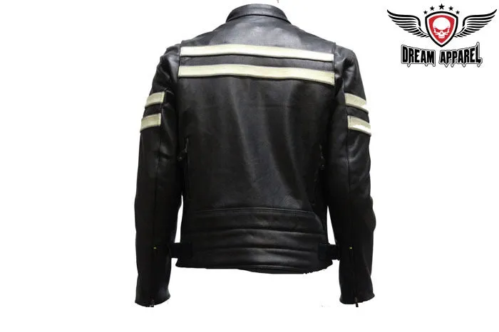 Mens Leather Jacket With Silver Stripes