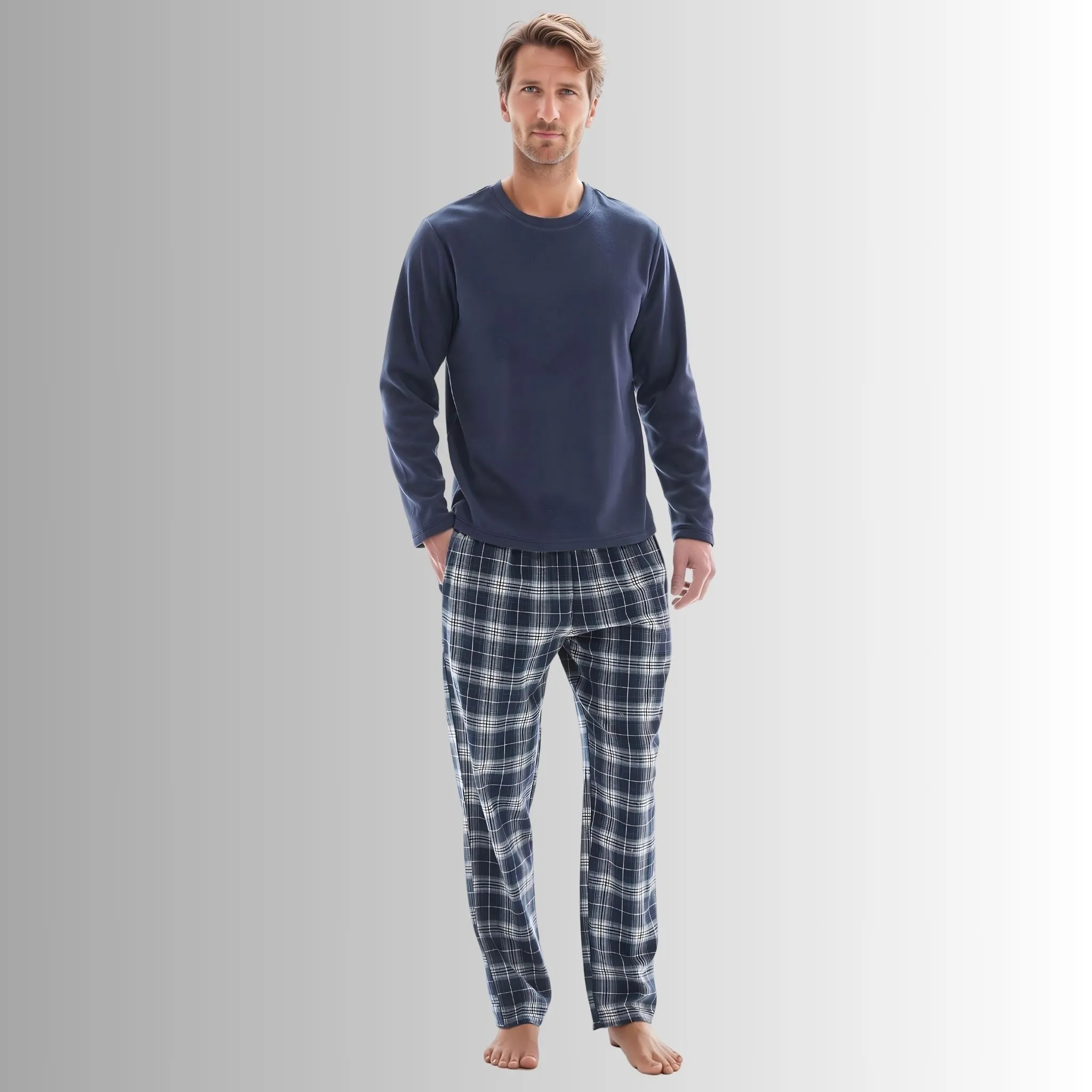 Mens Lounge Pants Loungewear Sets Fleece Top Cotton Bottom Navy Blue Check.