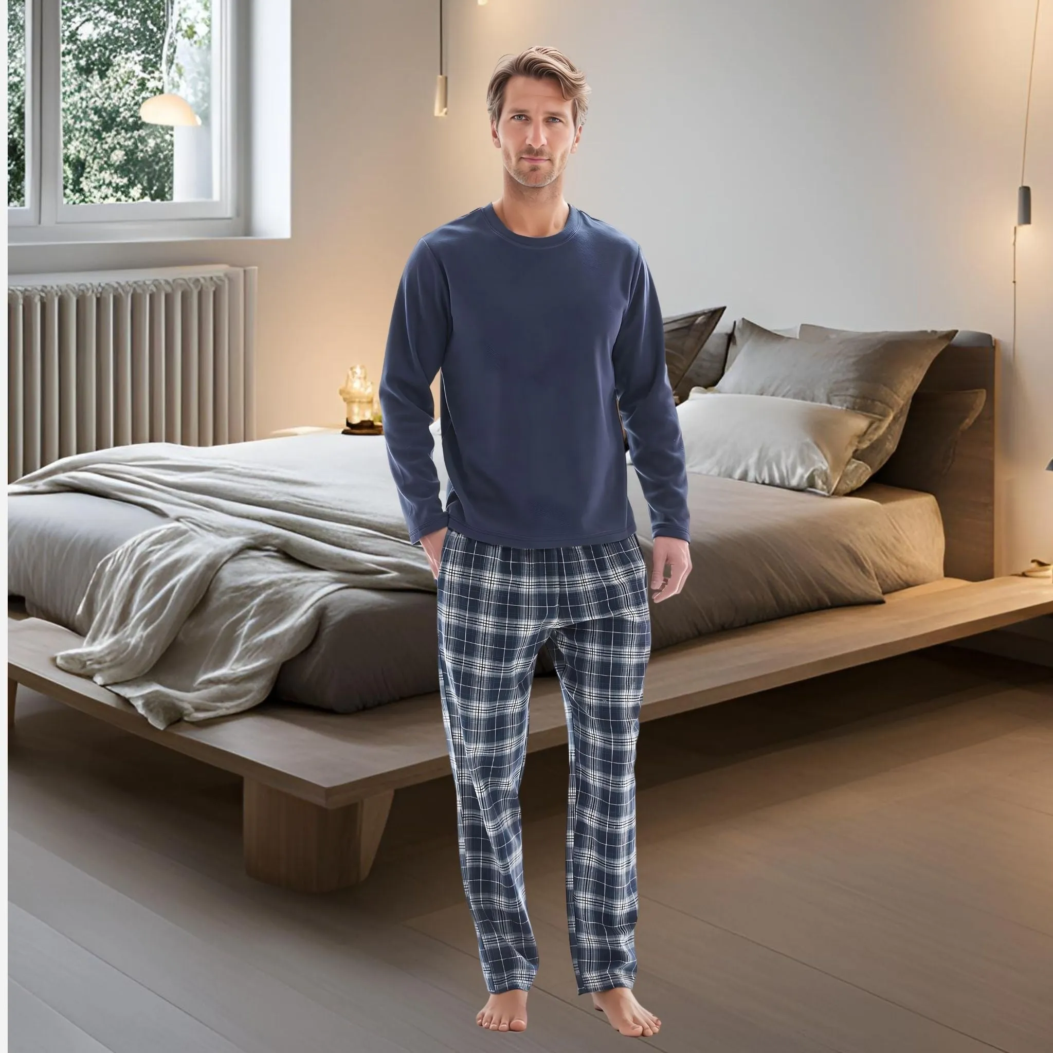 Mens Lounge Pants Loungewear Sets Fleece Top Cotton Bottom Navy Blue Check.