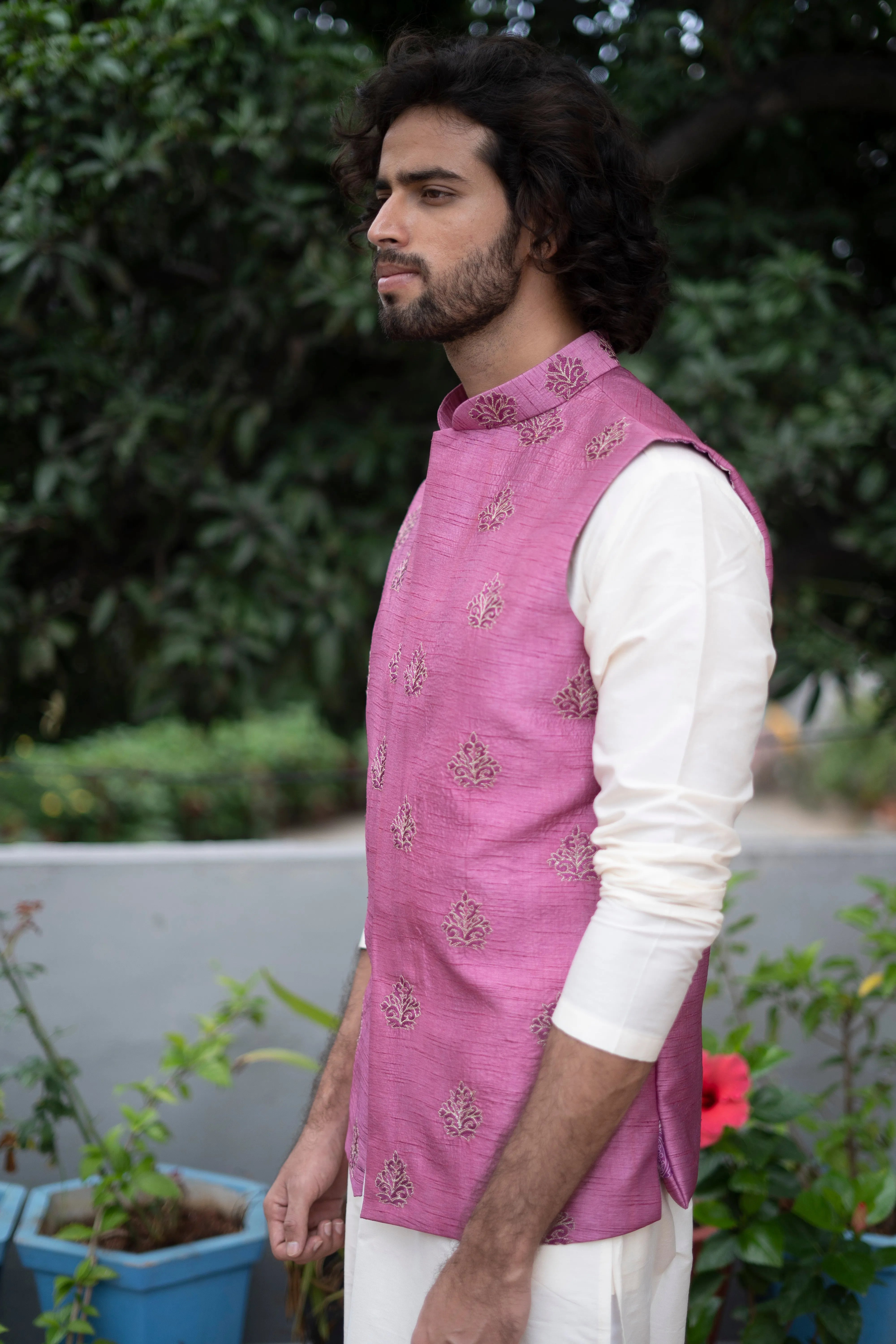 Men's Mauve Color Jacket With Kurta Pant Set - Hilo Design