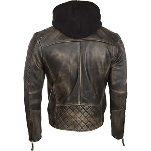 Men's Real Leather Vintage Biker Jacket with Removable Hood