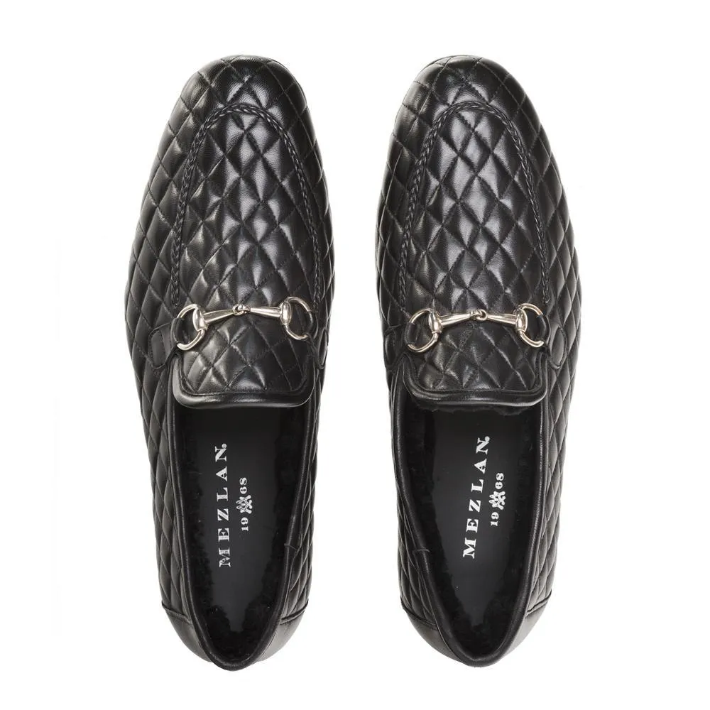 Mezlan R20136 Men's Shoes Black Quilted Calf-Skin Leather Horsebit Loafers (MZS3407)