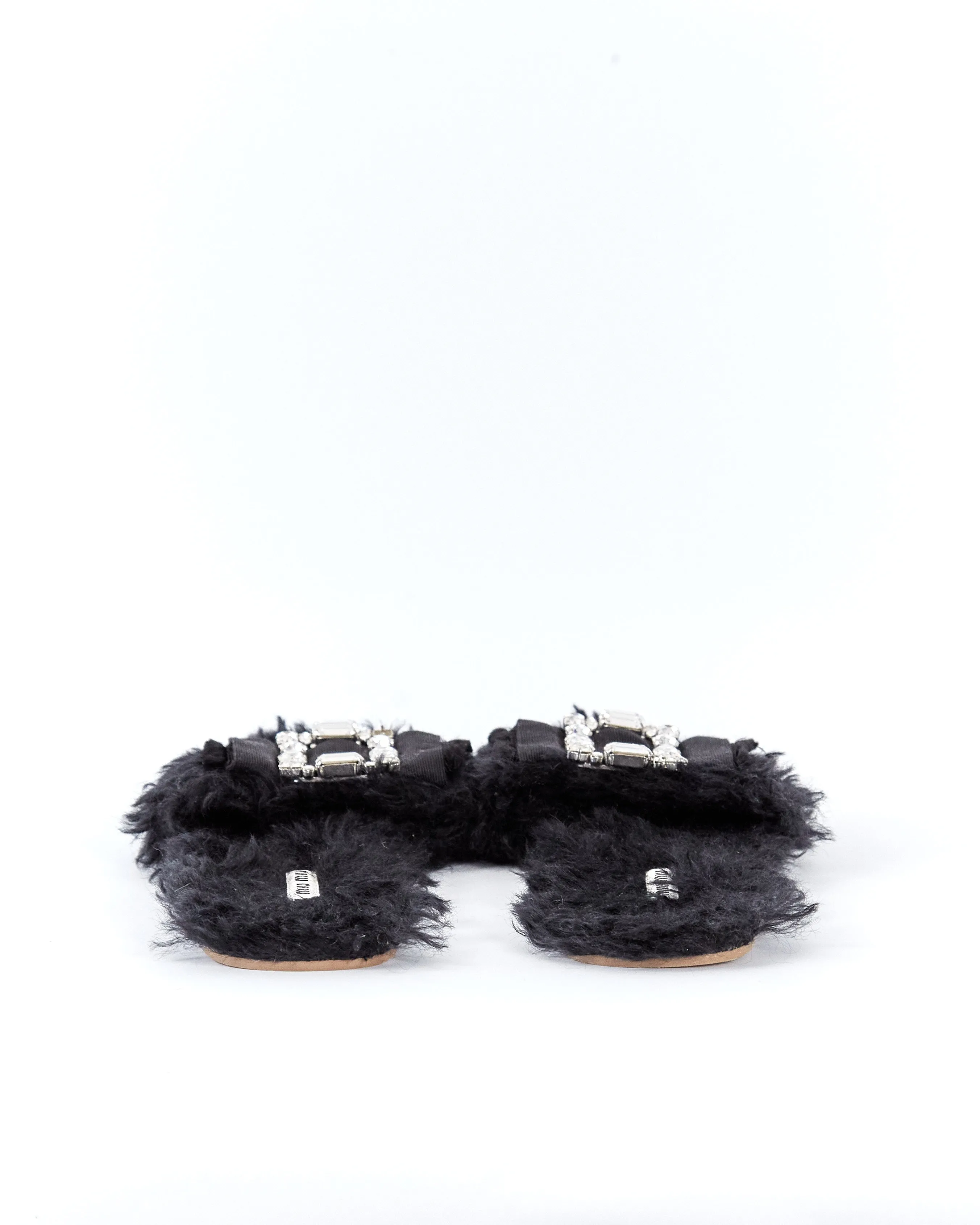 Miu Miu bejewelled fluffy slippers, black, 39.5