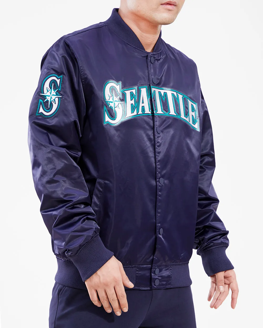 MLB SEATTLE MARINERS BIG LOGO MEN'S SATIN JACKET (MIDNIGHT NAVY)