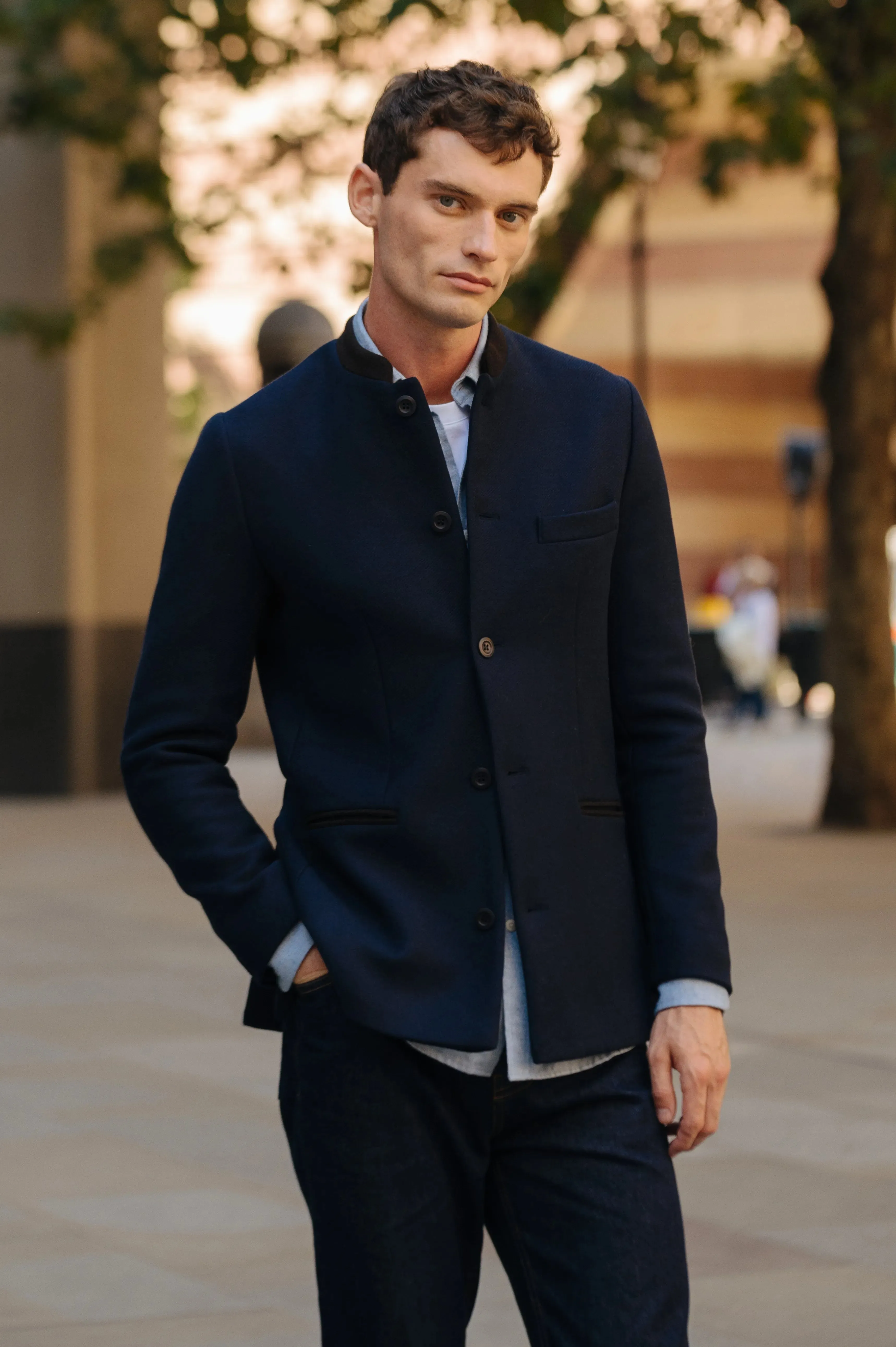 Navy & Brown Wool Cashmere Nehru Jacket