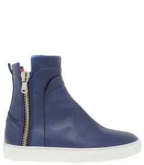 Navy Leather Double Zip Shearling Sneaker