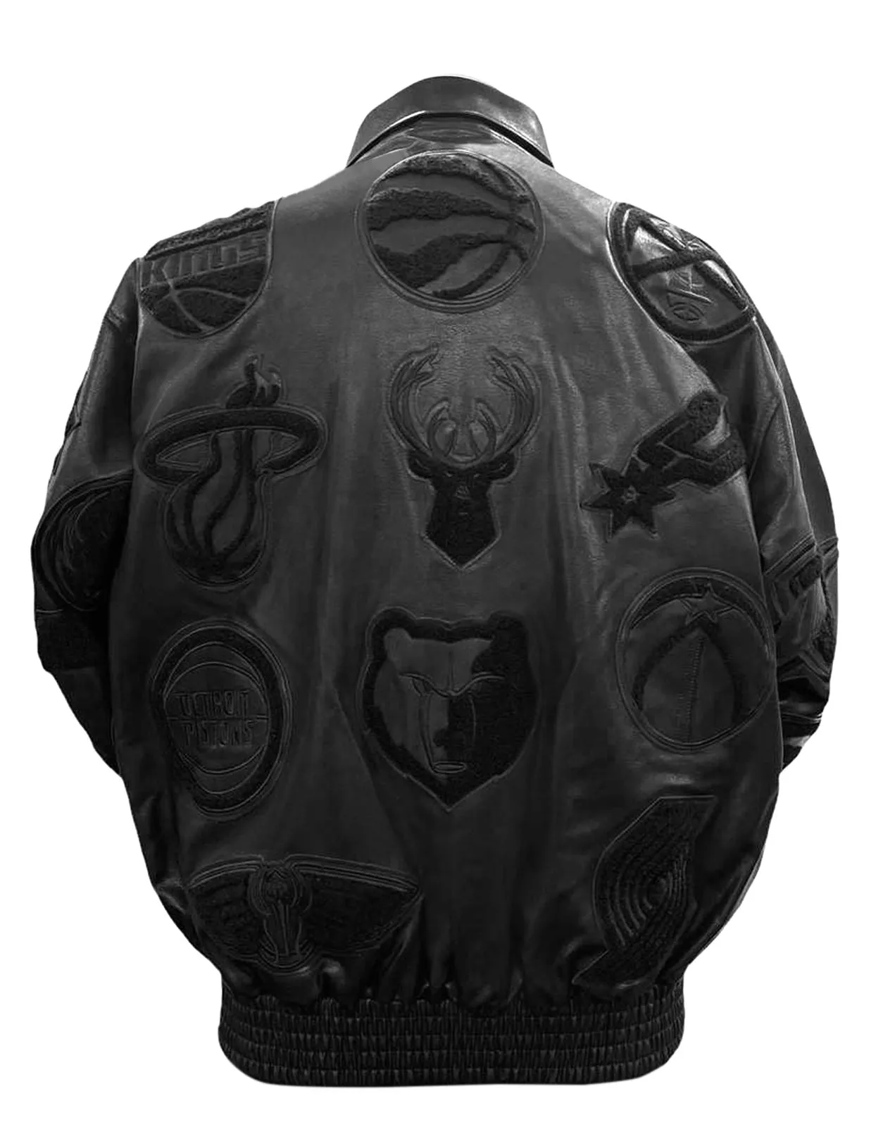 NBA COLLAGE VEGAN LEATHER JACKET Black on Black