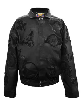 NBA COLLAGE VEGAN LEATHER JACKET Black on Black