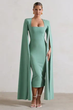 No Replacement | Sage Green Square-Neck Cape-Sleeve Midi Dress