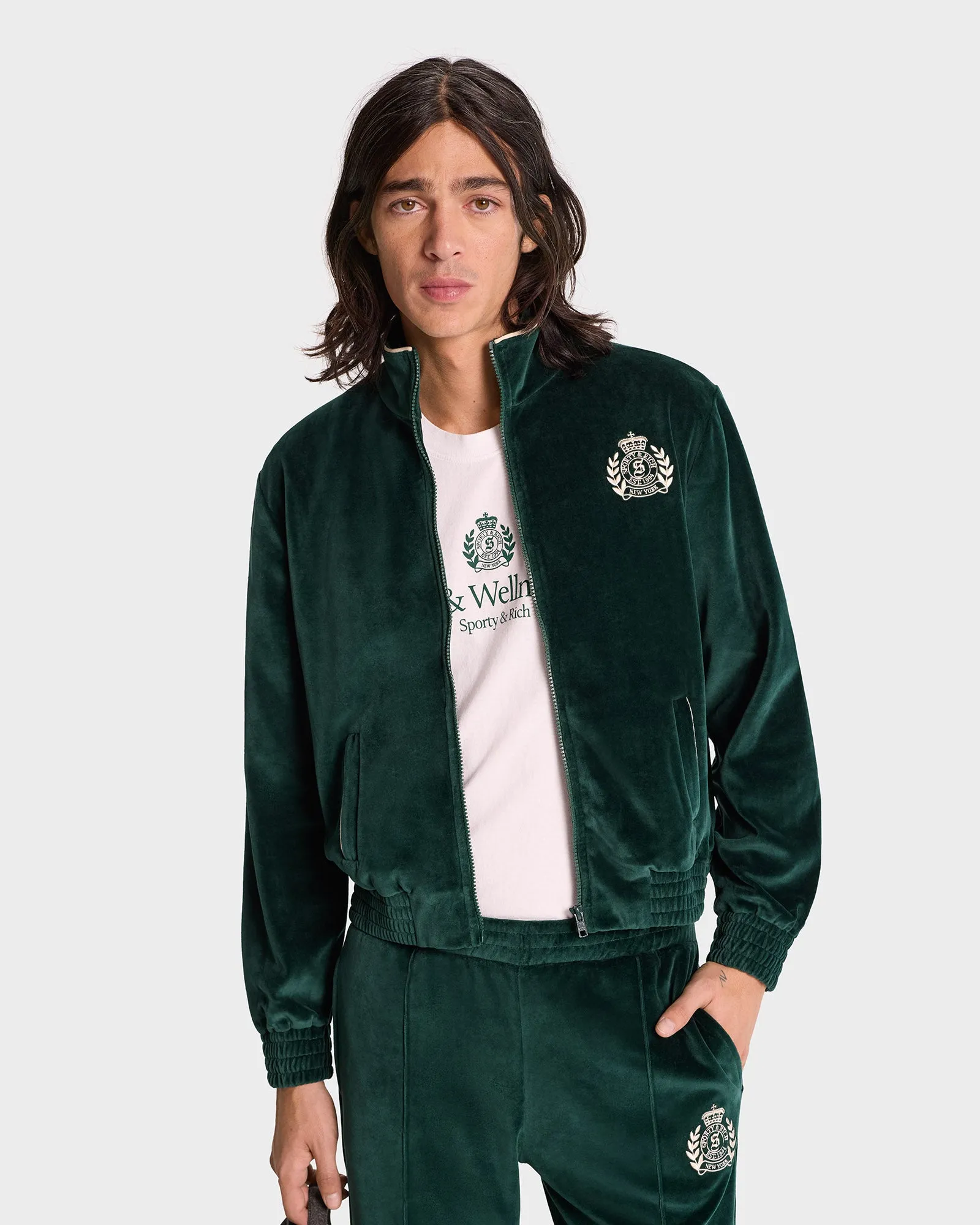 NY Crest Velour Track Jacket - Forest/Cream