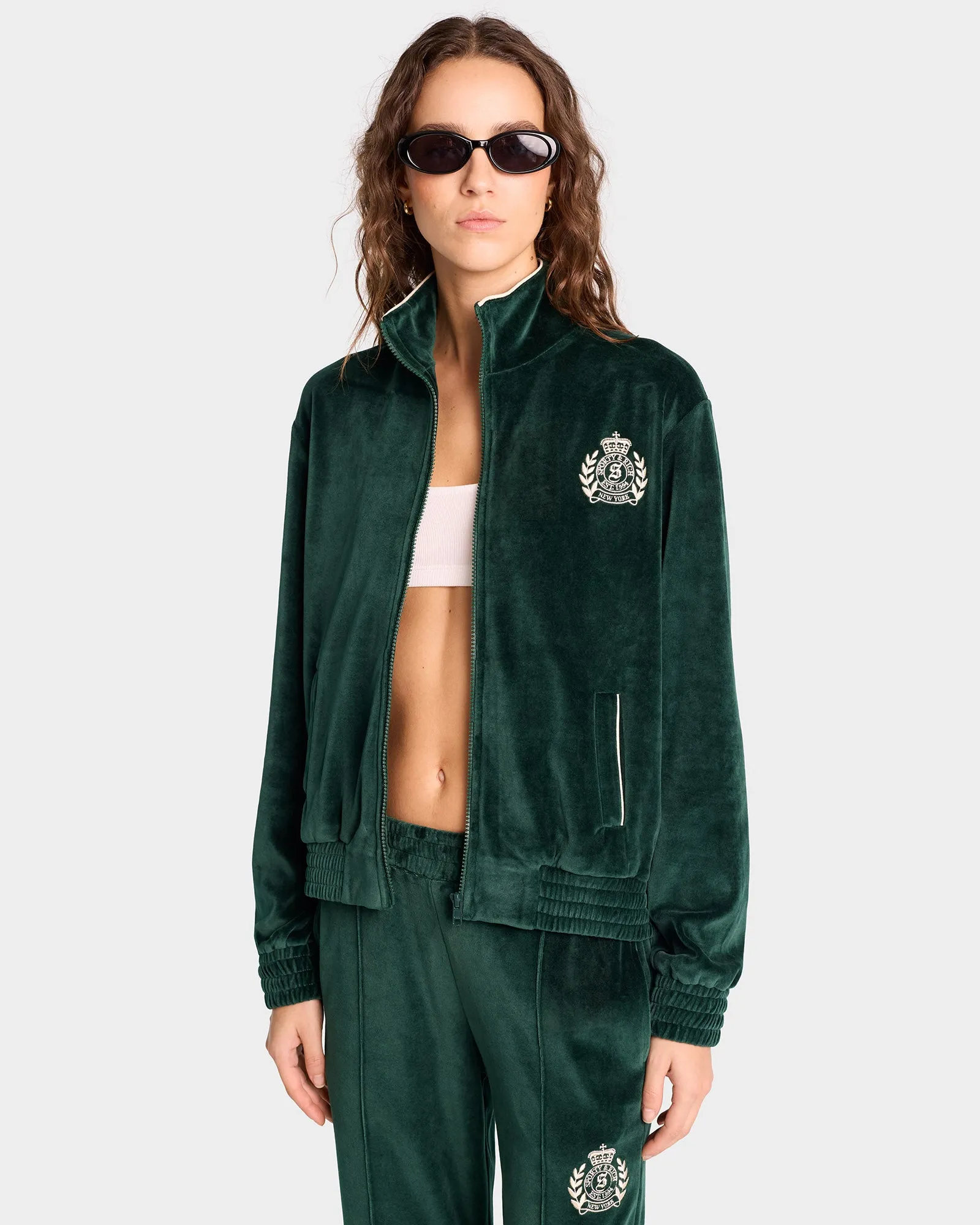 NY Crest Velour Track Jacket - Forest/Cream