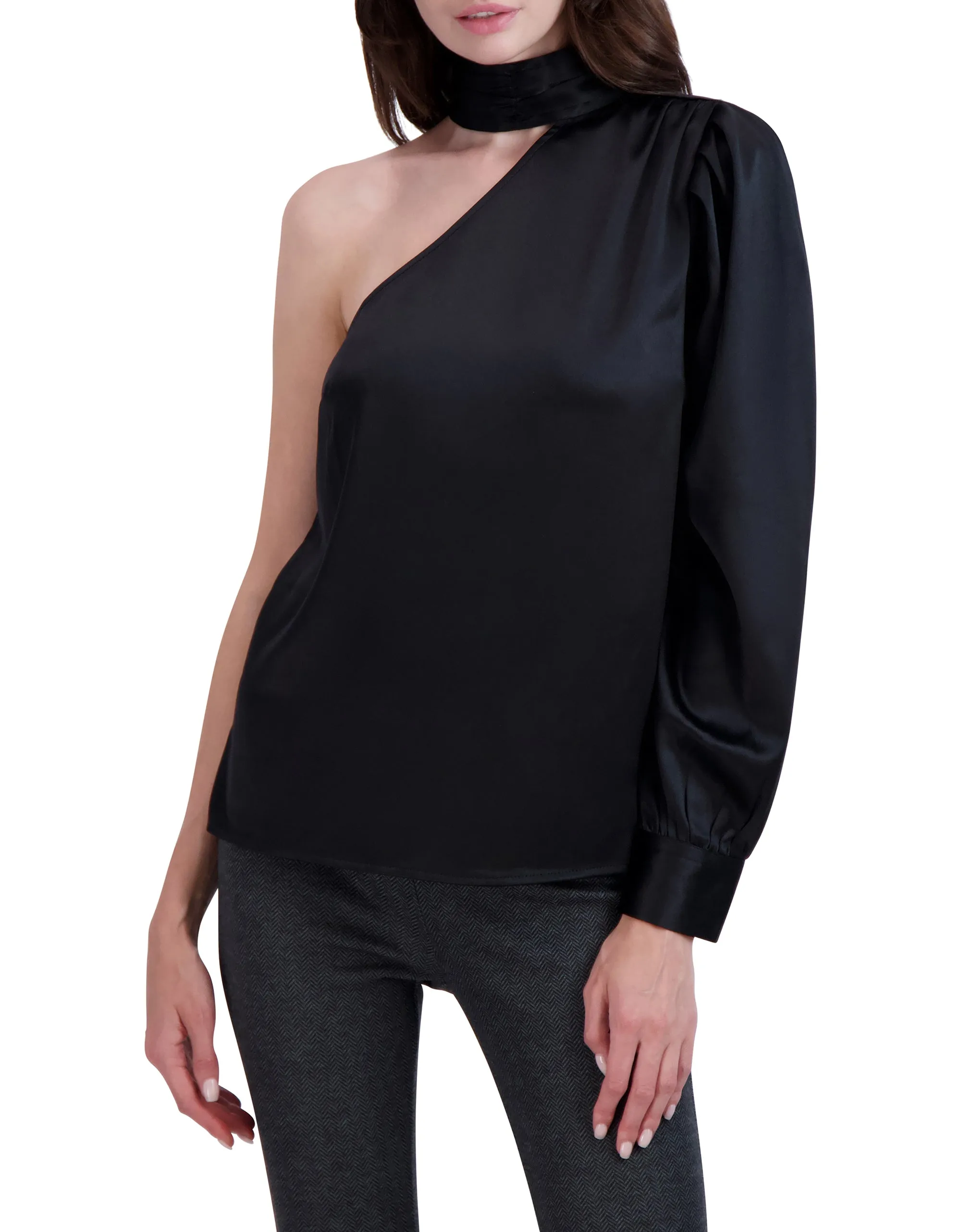 Ookie & Lala One Shoulder Puff Sleeve Satin Top