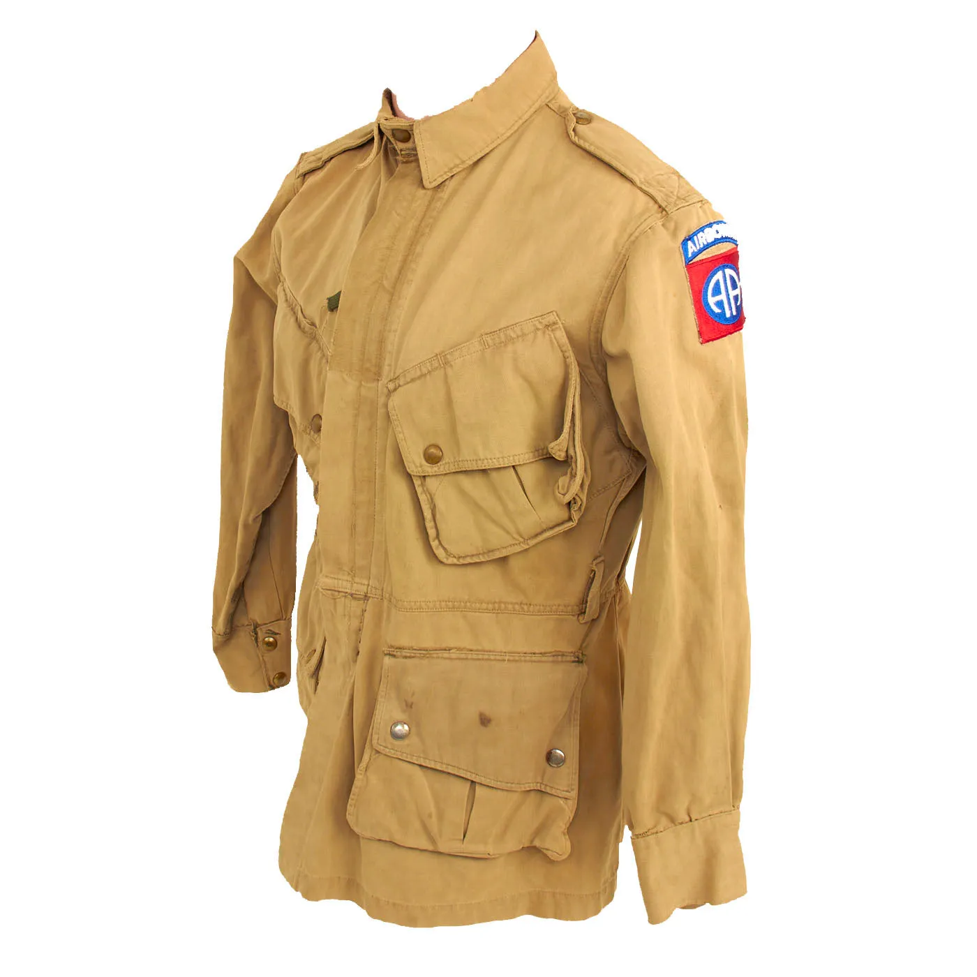 Original U.S. WWII M1942 Paratrooper Jump Jacket without Reinforcements with Added 82nd Airborne Division Shoulder Sleeve Insignia - Laundry Number Marked