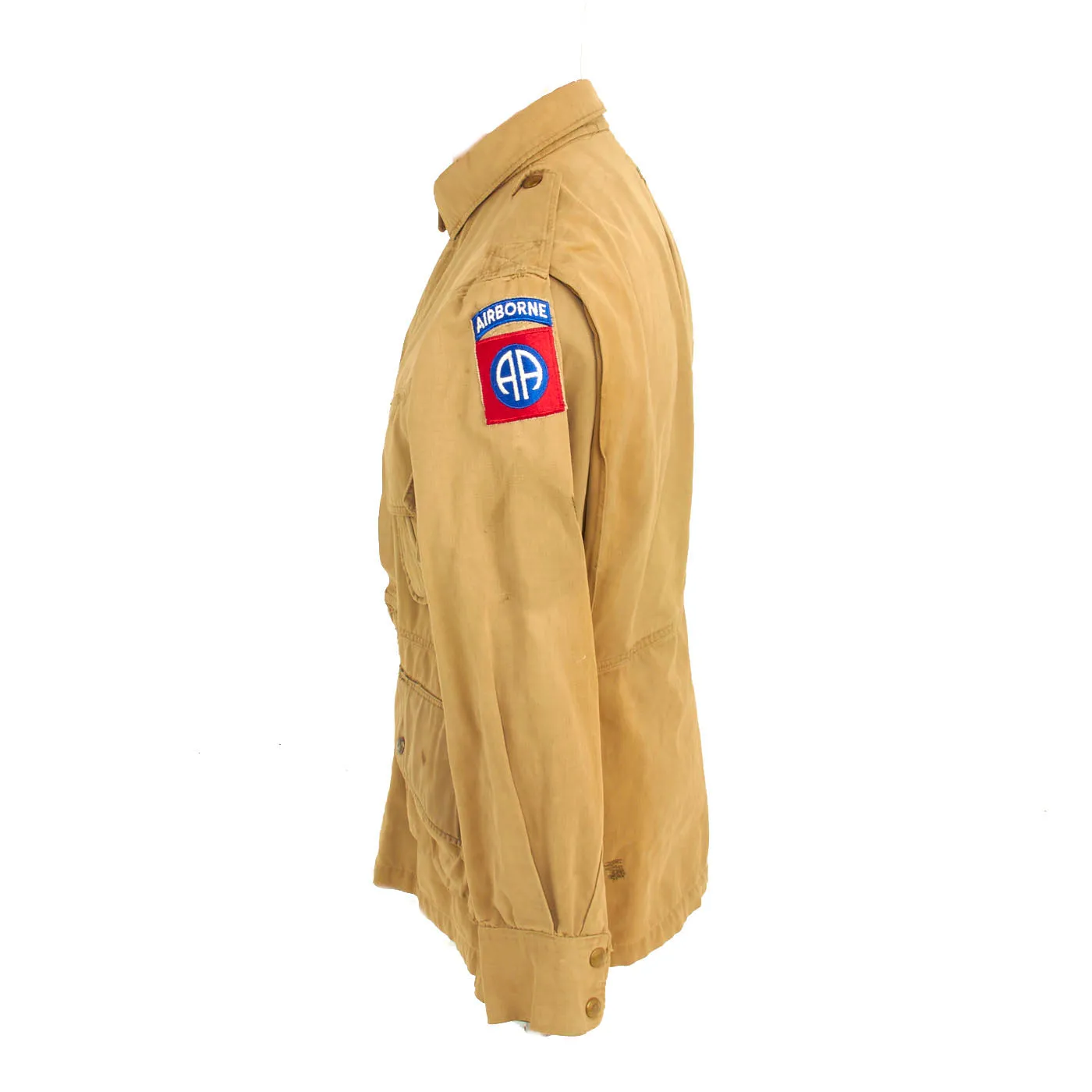 Original U.S. WWII M1942 Paratrooper Jump Jacket without Reinforcements with Added 82nd Airborne Division Shoulder Sleeve Insignia - Laundry Number Marked