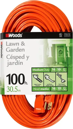 Outdoor Extension Cord, 100 Ft 16 Gauge 3 Prong, Lawn & Garden, Orange, 0269