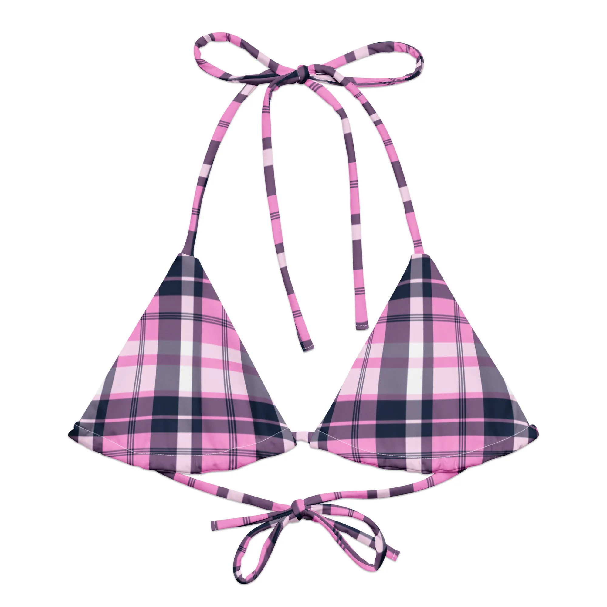 Pink and Navy Blue Preppy Surfer Girl Plaid String Bikini