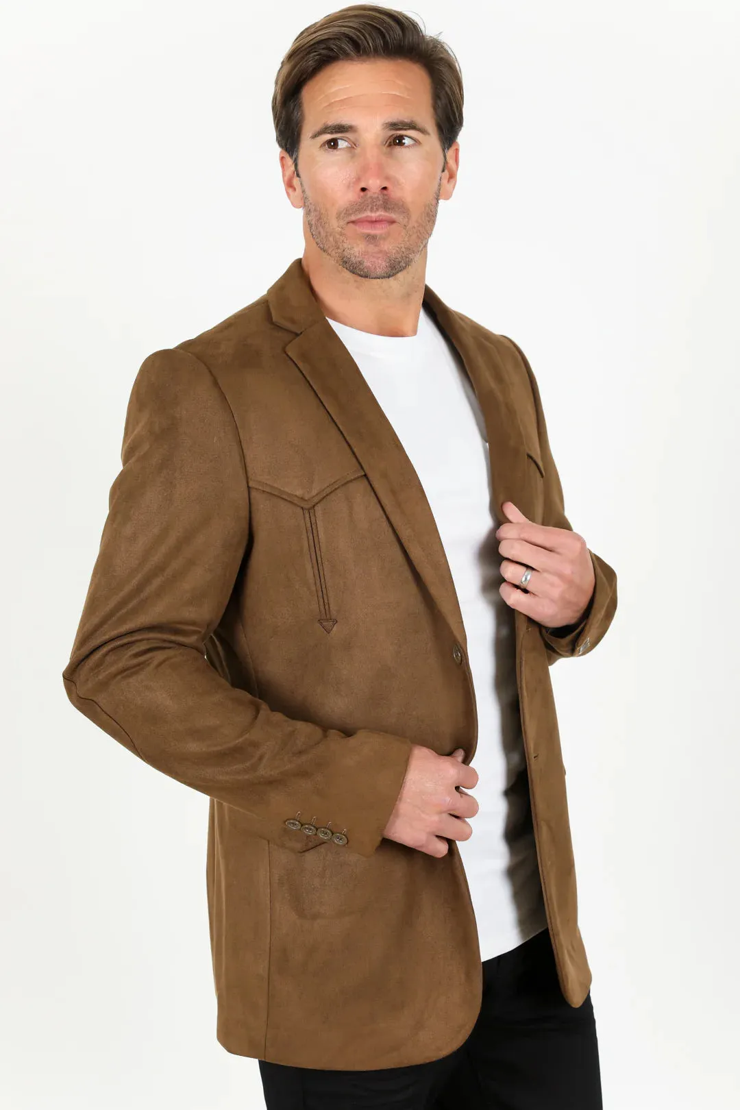 Platini Brown Men's Double Button Sigle Breast Faux-Suede Blazer