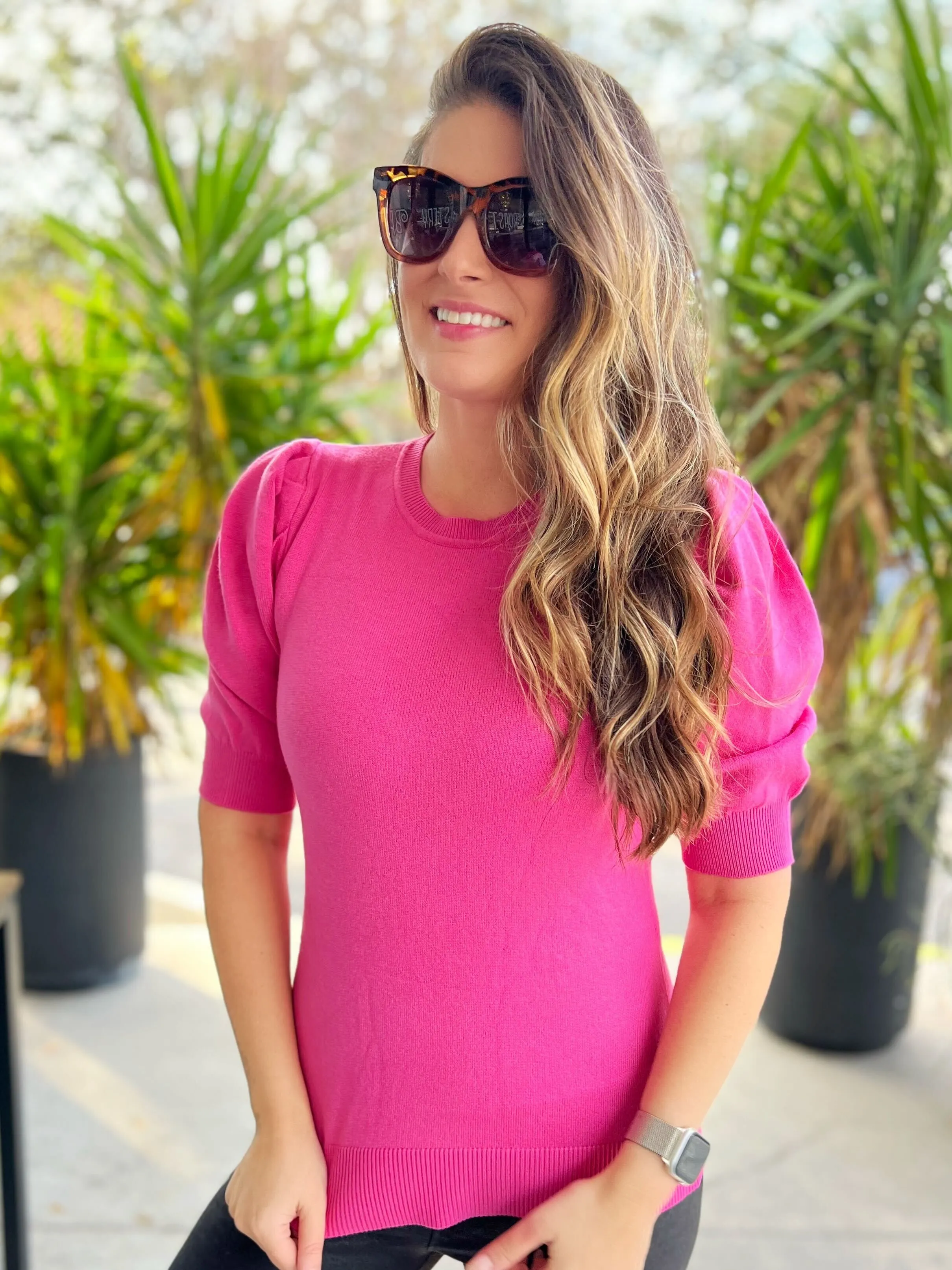 Puff Short Sleeve Sweater - Fuchsia