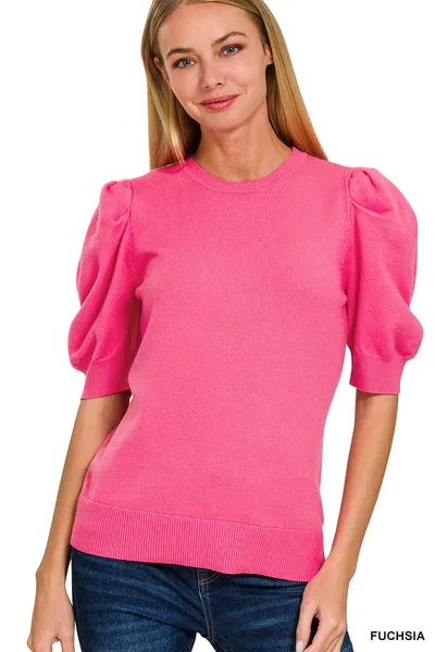 Puff Short Sleeve Sweater - Fuchsia