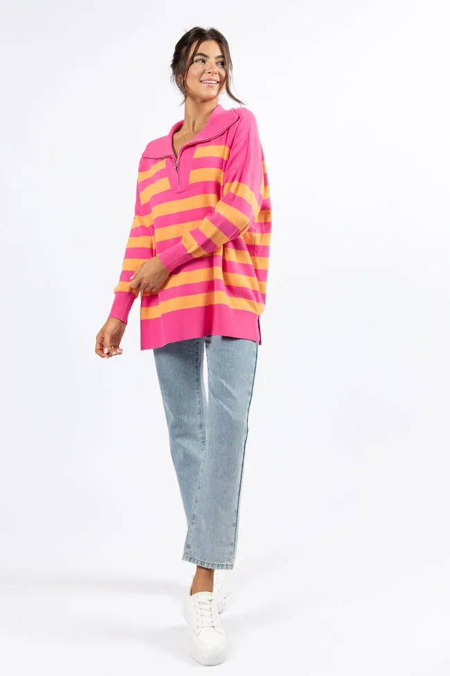 Pulling Heartstrings Pink And Orange Striped Quarter Zip Pullover