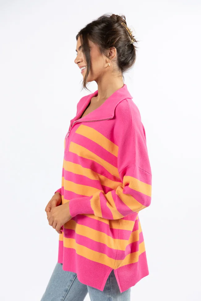 Pulling Heartstrings Pink And Orange Striped Quarter Zip Pullover