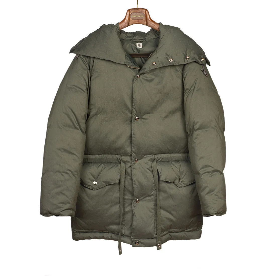 "Expedition Down Parka" in smoky sage green cotton and silk